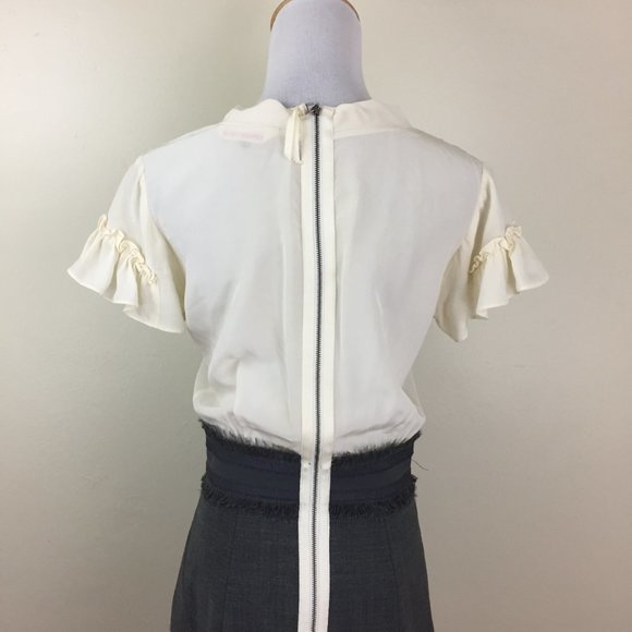 REBECCA TAYLOR Ivory Gray Silk Wool Blend Ruffle Short Sleeve Dress - Picture 11 of 15